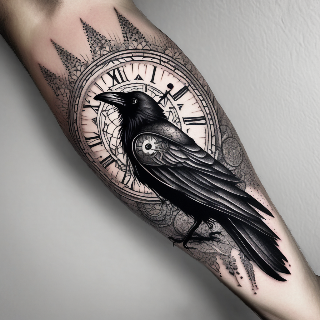 left arm tattoo of a raven mandala on a branch with clock face half sleeve tattoos for men, design de tatouage Dotwork généré par IA